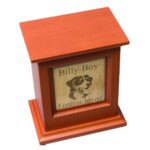 Cherry wood vertical pet cremation urn with custom engraved photo and name Billy-Boy top down view.